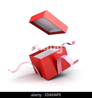 Öffnen Sie die rote Geschenkbox oder Geschenkbox mit süßen pinken Bändern, die auf weißem Hintergrund mit Schatten-3D-Rendering isoliert sind Stockfoto