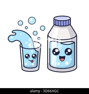 Flasche Wasser mit Glas, Mundwasser, Mineralwasser Kawaii Illustration. Vektorabbildung. Handgezeichneter Cartoon-Stil. Mundhygienekonzept. Zahnärztliches Werkzeug. Trinken Sie mehr Wasser Stock Vektor