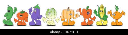 Retro-Gemüsefiguren isoliert auf weiß. Vektor-Karikaturillustration von groovigen Gurken, Tomaten, Auberginen, Kohl, Kürbis, Paprika, Mais, Zwiebelmaskottchen mit lustigen Gesichtern, gesundes Essen Stock Vektor
