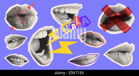 Rastermünder isoliert auf blauem Hintergrund. Zeitgenössische Vektor-Illustration der weiblichen Lippen lächelnd, sprechend, küssend, schreiend, lachend, Klatsch-Collage-Elemente im Retro-Stil, geheime Diskussionen Stock Vektor