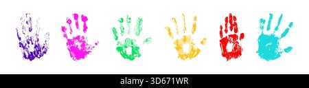 Farbenfrohe Handabdruck-Kollektion mit lebendigen Farbabdrücken und strukturierten Details. Markante Markierungen in Regenbogenfarben mit Fingermustern und organischem Pinsel-ähnlichem Ornament auf weißem Hintergrund. Stock Vektor