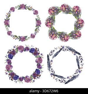Aquarellset mit gotischen Blumenkränzen mit Rosen, Protea-Blumen und Federn, botanische Rahmen im Herbst, handgemalte elegante runde Kompositionen für Stockfoto