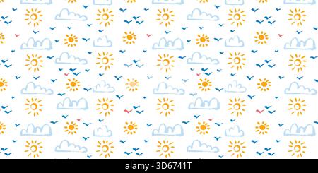 Himmelsmuster mit niedlichen handgezeichneten fliegenden Vögeln, Sonnenformen und Wolken mit weicher Grunge-Textur. Niedliches, verspieltes Design, perfekt für den Hintergrund, ideal für Stock Vektor