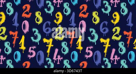 Abstraktes Graffiti-Muster mit Zahlen. Handgezeichnete Sprayziffern mit Grunge-Spritzer-Textur. Buntes Street Art Design mit tropfender Schablone Stock Vektor
