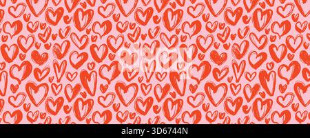 Handgezeichnetes Muster mit Grunge Red Hearts. Skizzieren Sie Liebessymbole mit rauer Grunge-Textur. Romantisch gekritzelte Herzmotive in spielerischer Wiederholung Stock Vektor