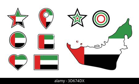 Sammlung grafischer Elemente, darunter die Flagge der Vereinigten Arabischen Emirate in Stern-, Herz- und Kartenform sowie eine detaillierte Landkarte Stock Vektor