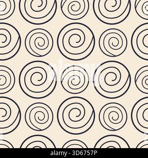 Spiralkreise im skandinavischen Stil, nahtloses Muster. Dunkle Formen auf beigefarbenem Hintergrund, Textil. Vektorabbildung Stock Vektor