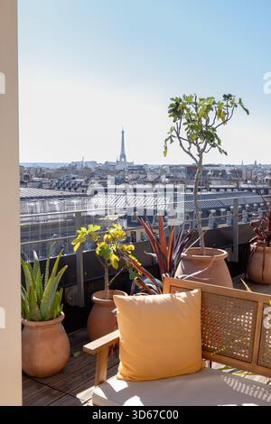 Paris, Blick auf den Eiffelturm von einer Dachterrasse Stockfoto