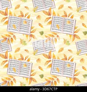 Öffnen Sie Notizbuch zwischen gelben Blättern nahtloses Muster auf Aquarellgelb Hintergrund. Notenpapier mit Notenraster und Herbstlaub Stockfoto