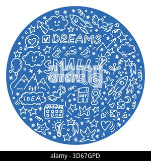 Motivational Small Steps Träume kritzeln runde Illustration Stock Vektor