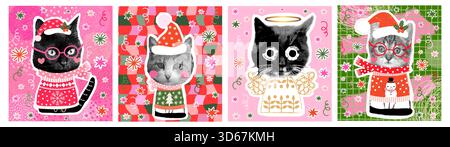 Lustige Vektor-Winter-Grußkarten mit niedlichen Katzen mit hässlichen Weihnachtspullover, Santa-Hüte, Schals, lustige Comic-Kätzchen Engel Illustration Collage Stock Vektor