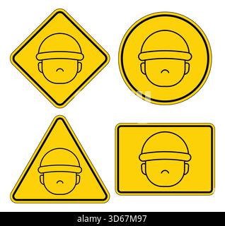 Sicherheitsschilder mit Symbolen für Bauarbeiter in gelben Formen. Diese Symbole verdeutlichen die Bedeutung von Sicherheit in Arbeitsumgebungen, Focus Stock Vektor
