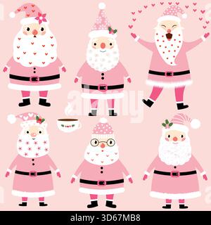 Vektor lustige, Hipster Santa Claus Charaktere in Rosa mit Punkten, Blumen für Grußkarten und Einladungen Stock Vektor