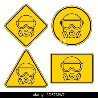 Set aus vier Warnschildern mit einem Gasmasken-Symbol auf gelbem Hintergrund. Diese Schilder stellen die Sicherheit in gefährlichen Umgebungen dar und betonen den Schutz Stock Vektor