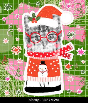 Lustige Kätzchen Collage Vektor Illustration, Katze mit Santa Claus und hässlichen Weihnachtspullover, Feiertagsposter, Bannerdesign Stock Vektor