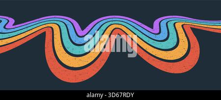 Funky, geschwungene Streifen im Regenbogenhintergrund in grooviger Retro-Farbpalette. Ideal für moderne Tapeten und abstrakte Layouts. Stock Vektor