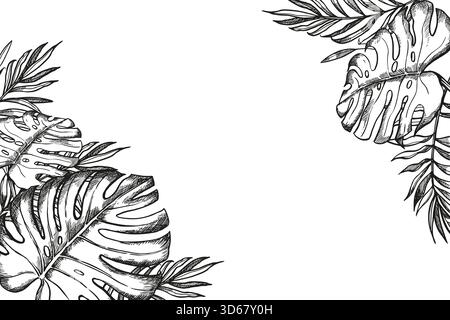 Hand gezeichneter tropischer Waldbaum, Vektor Palmblätter, horizontaler Rahmen der Tinte schwarz und weiß Laub, exotische Dschungelbuschpflanze, Blumendekoration temp Stock Vektor