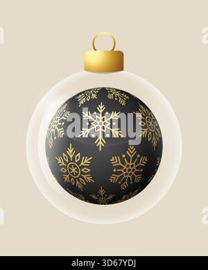 Schneeflocken-Vektor-Kugel aus schwarzem Glas für stilvolle Weihnachts- und Neujahrsdekoration. Goldene transparente Glaskugel Vektor-Illustration für festliche Stock Vektor