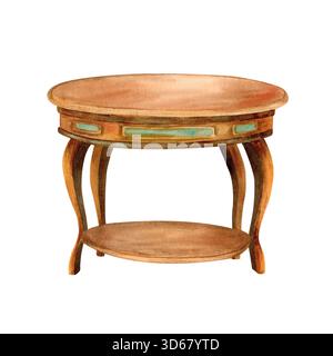 Runder Vintage-Holztisch mit Ablage unten. Braunes Holzmaterial mit türkisfarbenen antiken Pfählen. Abendessen alter Tisch. Aquarell, handgezeichnet, isoliert Stockfoto