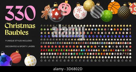 Weihnachtskugeln Vektor-Kollektion Set. Weihnachtsschmuck-Kugeln-Bundle. Detaillierte Packung Weihnachtsluxuriöses und Sportkugeln Symbole Vektor Illustration perfec Stock Vektor