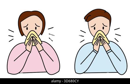 Mann und Frau mit kalten minimalistischen Farben Icons Niesen Symptom mit Einstecktuch Linie Symbol Husten Stock Vektor