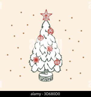 Der Weihnachtsbaum ist mit Ornamenten, Kugeln und einem Stern verziert. Handgezeichnete Strichgrafik-Illustration. Vektorgrafik für Weihnachten, Neujahrskarten und Stock Vektor
