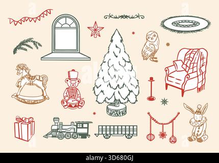 Weihnachtsset mit Baum, Spielzeugpferd, Teddybär, Häschen, Geschenk und Zug. Handgezeichnete Strichgrafik-Illustration. Vektor Pastell ClipArt für Silvester und Stock Vektor