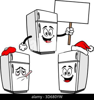 Kühlschrank Maskottchen Set 01, handgezeichnete Illustrationen von Kühlschrank Maskottchen in verschiedenen Posen. Stock Vektor