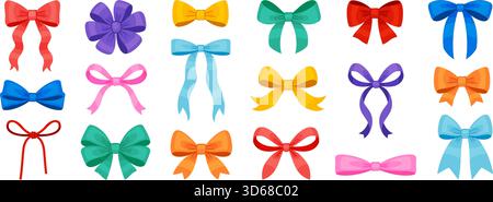 Farbenfrohe dekorative Schleifen in verschiedenen Formen und Stilen. Helle flache Vektorillustration. Ideal für Geschenkverpackungen, festliche Dekorationen, Grußkarten, Aufkleber, Verpackungen, und Craft-Projekte. Stock Vektor