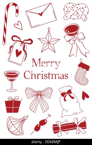 Handgezeichnete Weihnachtsgrußkarte mit Bögen, Geschenken, Süßigkeiten und Getränken sowie Weihnachtsstrümpfen Stock Vektor