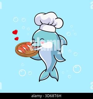 Netter Delfinkoch, der köstliches Sushi mit Liebe Vektor Illustration Karton Design serviert Stock Vektor