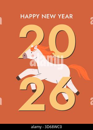 Chinesisches Neujahr des Pferdes 2026 Grußkarte Vektor Illustration. Stock Vektor