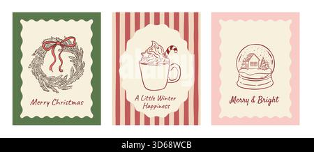 Set von niedlichen Retro-Weihnachtskarten mit Kranz, heißem Getränk und Schneekugel-Vektor-Illustration. Hintergrund der Winterferien Stock Vektor