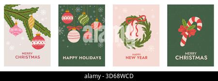 Satz Retro-Weihnachtsgrußkarte Vektor-Illustration. Handgezeichneter Weihnachtshintergrund mit Weihnachtskranz, Kugeln, Dekorationen und Zuckerrohr. Stock Vektor