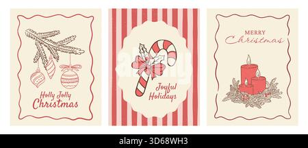 Postkarte „Frohe Weihnachten“ mit Weihnachtsbaum und Kerzen mit festlichem Kranz. Glückwunschkarte mit Zuckerrohr. Vektorillustra Stock Vektor