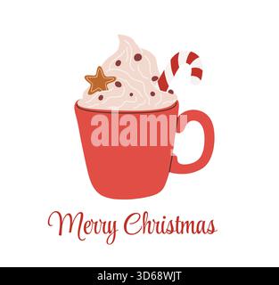 Weihnachten heiße Schokolade mit Zuckerrohr und Schlagsahne Vektor Illustration. Festlicher Cappuccino Clipart Stock Vektor