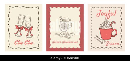 Satz von Hand zeichnen Retro-Weihnachtspostkarten mit Feiertagsjahresgetränk-Vektor-Illustration. Vintage-Grußkarte mit Champagner, Glühwein, heißer Schokolade Stock Vektor