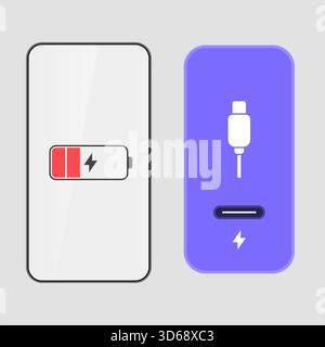 Eine moderne Vektorgrafik mit zwei Smartphone-Bildschirmen, die eine Warnung bei niedrigem Akkustand und eine Benachrichtigung über das Ladekabel anzeigen Stock Vektor
