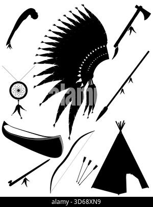 Gegenstände Objekte amerikanische indianer schwarze Silhouette Karikatur Stock Vektor Illustration isoliert auf weißem Hintergrund Stock Vektor