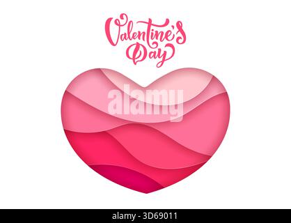 Grußkarte zum Happy valentine Day im Papierschnitt mit mehrlagigem Herzen in Rosa- und Rottönen mit eleganter Typografie oben. Stilvolle und romantische 3D-Vektor-Liebesbotschaft zum Feiern Stock Vektor