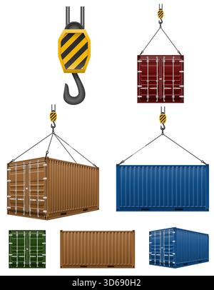 Frachtcontainer hängt am Haken eines Krans Cartoon Stock Vektor Illustration isoliert auf weißem Hintergrund Stock Vektor