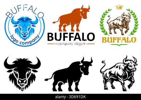 büffellogo kreativ und originell für Ihr Unternehmen oder Firmenlogotyp Karikatur Stock Farbe und Schwarz-weiß Vektor Illustration isoliert auf weiß Stock Vektor