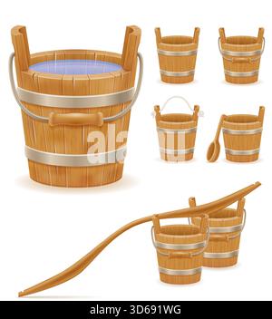Eimer aus Holz mit Holzbeschaffenheit alte Retro Vintage Cartoon Stock Vektor Illustration isoliert auf weißem Hintergrund Stock Vektor