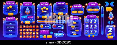 Space Game Interface Galaxy Asset. Neontasten für Vektor-UI, leuchtende Bedienfelder, Menuahmen, Shop und Schieberegler. Siegesbildschirm für Cartoon-Weltraumspiele, Scoreboard für Galaxie-Stars und Interface-Einstellungen Stock Vektor