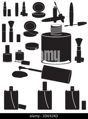 Verschiedene Frauen Kosmetik schwarze Silhouette Karikatur Stock Vektor Illustration isoliert auf weißem Hintergrund Stock Vektor