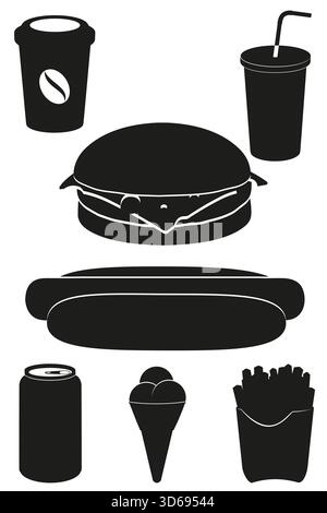 Schnelle Nahrung schwarze Silhouette Cartoon Stock Vektor Illustration isoliert auf weißem Hintergrund Stockfoto