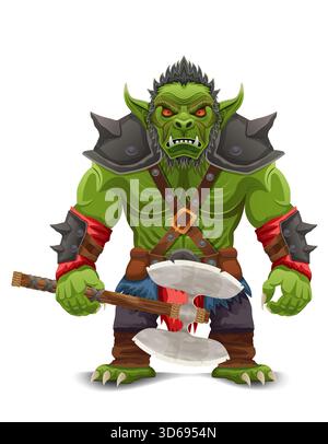 Bedrohlicher und gruseliger grüner Goblin Troll orc steht in einer kriegerischen Pose Cartoon Vektor Illustration isoliert auf weißem Hintergrund Stock Vektor