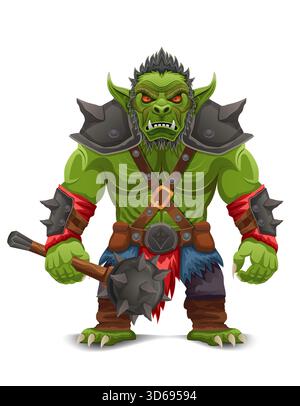 Bedrohlicher und gruseliger grüner Goblin Troll orc steht in einer kriegerischen Pose Cartoon Vektor Illustration isoliert auf weißem Hintergrund Stock Vektor