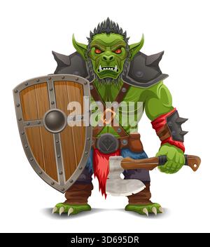 Bedrohlicher und gruseliger grüner Goblin Troll orc steht in einer kriegerischen Pose Cartoon Vektor Illustration isoliert auf weißem Hintergrund Stock Vektor