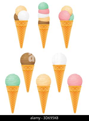 Eiskugeln in Waffelkegel Cartoon Stock Vektor Illustration isoliert auf weißem Hintergrund Stock Vektor